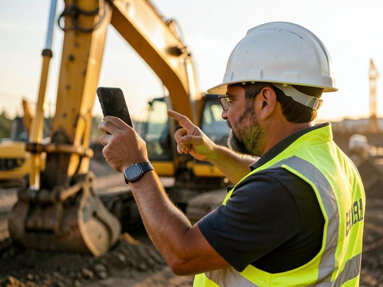Equipment owner photographing an excavator with a smartphone