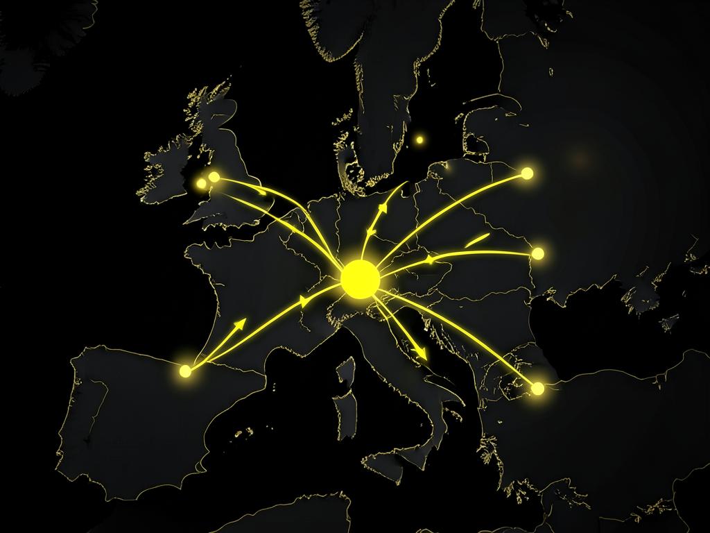 Dark map of Europe with yellow connection lines spreading from one point to buyers across the continent
