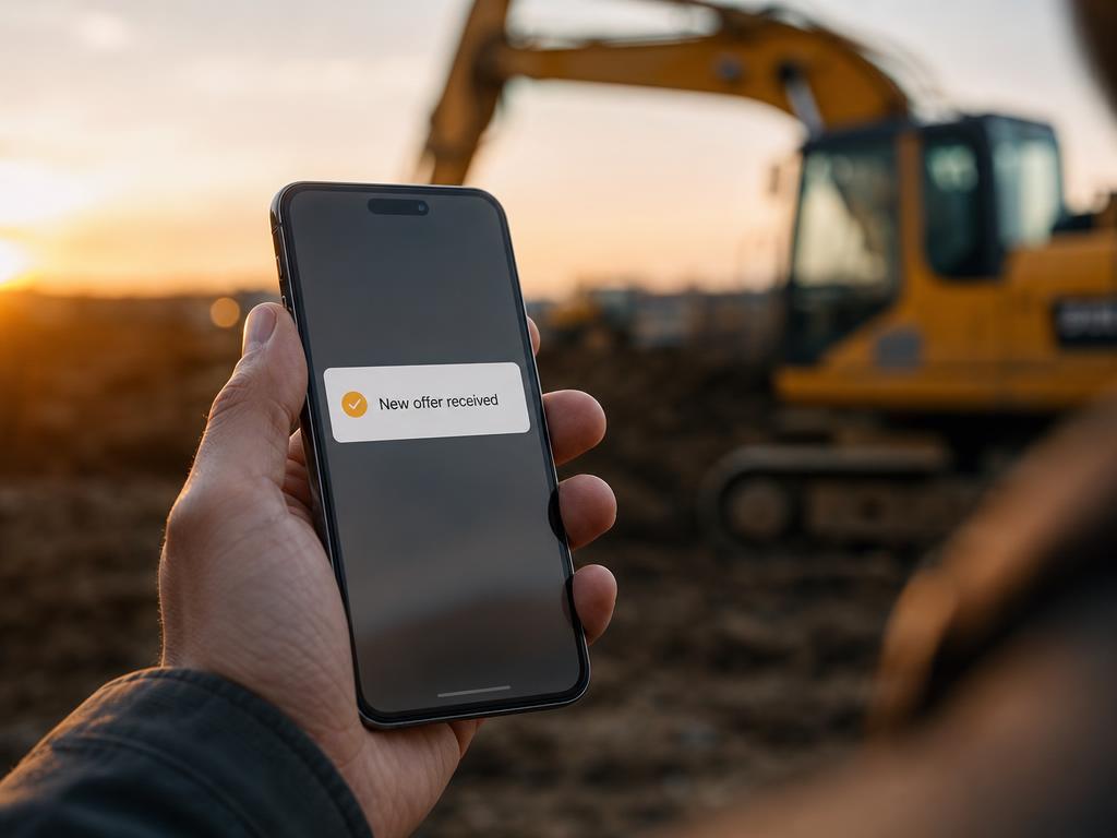 Smartphone showing a new offer received notification at a construction site